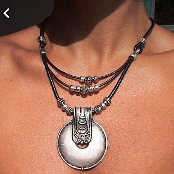 Boho, Hippy, Tribal Statement Necklace Leather Bohemian - Picture 3 of 5